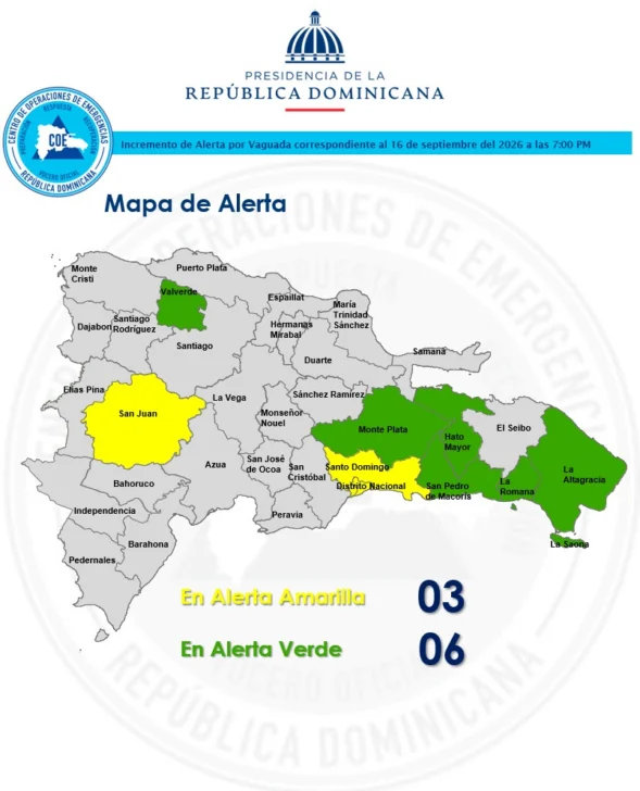 COE mantiene tres demarcaciones en alerta amarilla y seis en verde por lluvias