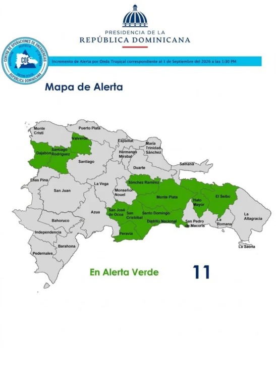 COE reduce a 11 las provincias en alerta por onda tropical y prevé lluvias fuertes
