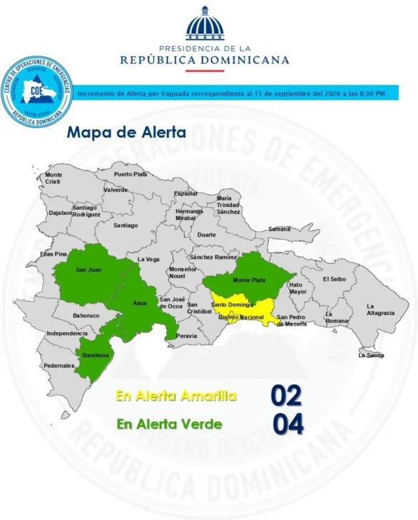 COE coloca en alerta amarilla a Santo Domingo y el Distrito Nacional por aguaceros