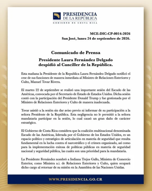 La presidenta de Costa Rica destituye a canciller por no avisarle de reunión con Trump La presidenta de Costa Rica destituye a canciller por no avisarle de reunión con Trump