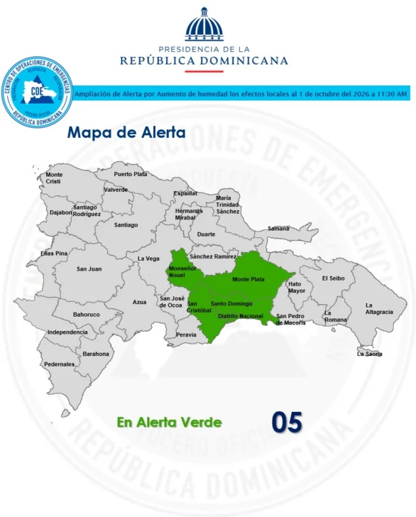 COE amplía alerta verde por riesgo de inundaciones en cuatro provincias y el Distrito Nacional