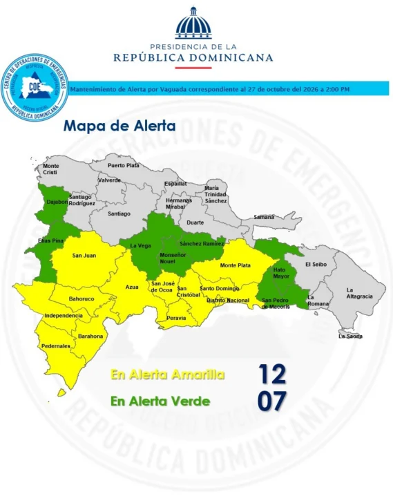 COE mantiene 12 provincias en alerta amarilla y 7 en verde por vaguada: persiste la alerta por inundación