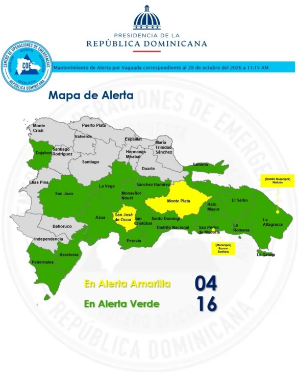COE mantiene 4 provincias en alerta amarilla y 16 en verde por vaguada