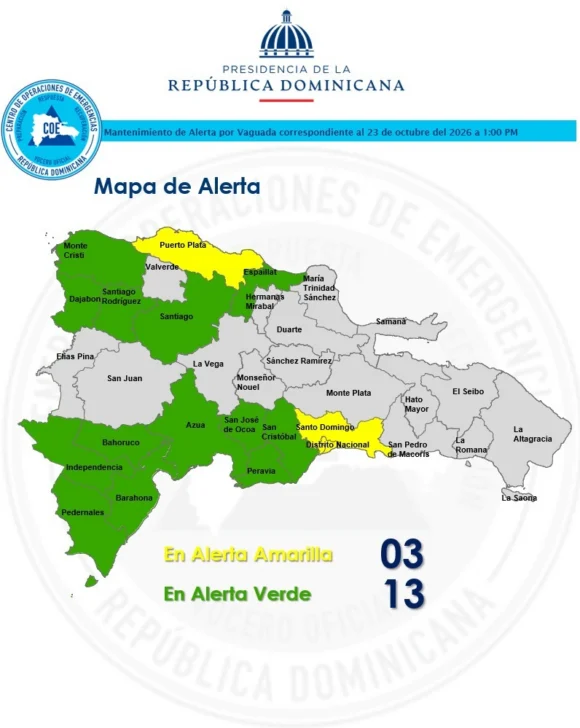 COE: 3 provincias en alerta amarilla y 13 en verde por lluvias de hoy COE: 3 provincias en alerta amarilla y 13 en verde por lluvias de hoy