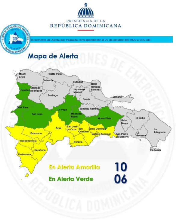 COE pone 10 provincias en alerta amarilla y 6 en verde por vaguada: lista completa