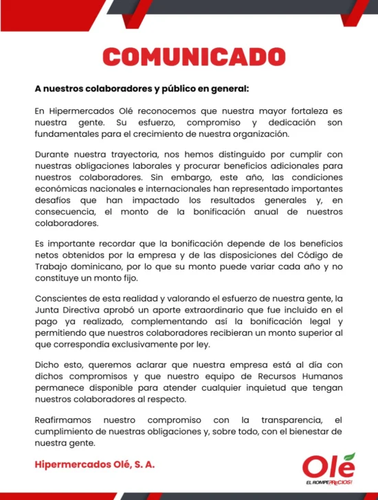 Trabajadores de Hipermercados Olé paralizan labores por bonificaciones; empresa afirma que pagó por encima de lo exigido por ley