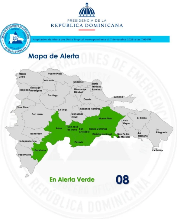 COE coloca siete provincias y el Distrito Nacional en alerta verde por onda tropical y vaguada