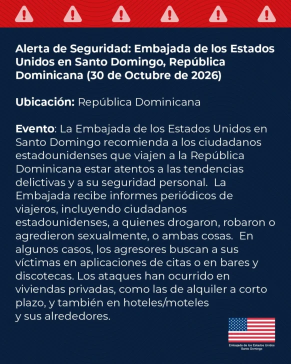 Embajada EEUU alerta a sus ciudadanos en RD sobre robos y agresiones