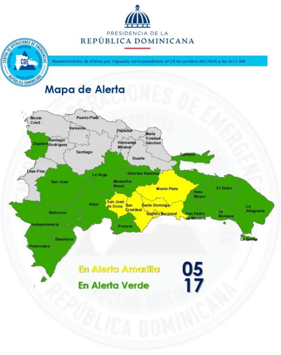 COE coloca cinco provincias y el Distrito Nacional en alerta amarilla por incidencia de vaguada